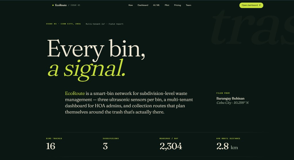 EcoRoute marketing hero: Every bin, a signal.