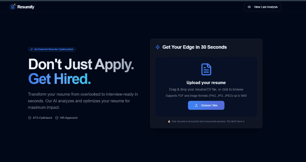 Resumify landing: AI-powered resume optimization with upload card.