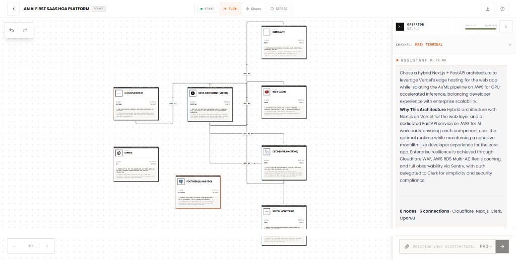 Simulark architecture canvas with FLOW mode and Operator panel