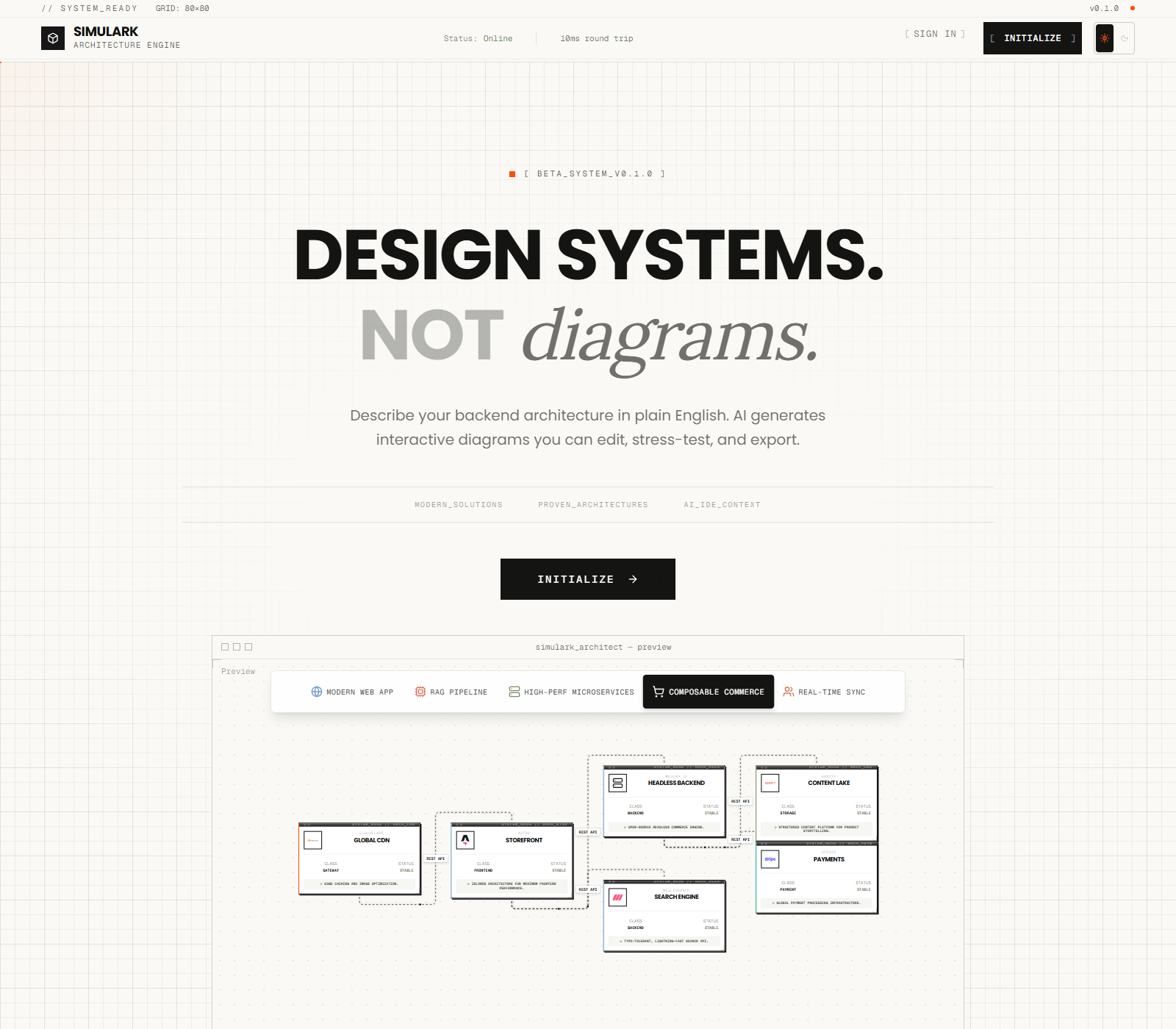 Simulark Architecture Engine landing: Design systems. Not diagrams. with architecture preview