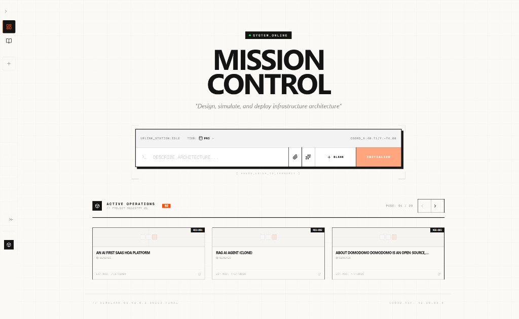 Simulark Mission Control dashboard with architecture uplink prompt